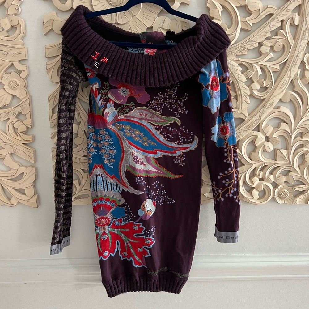 Desigual Multicolor Floral Off-the-Shoulder Sweater/Mini dress